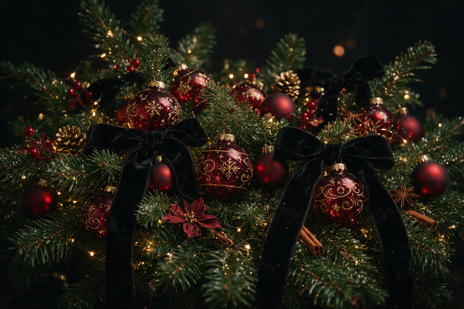 Dark red Christmas ornaments, black velvet bows, and pine branches with lights