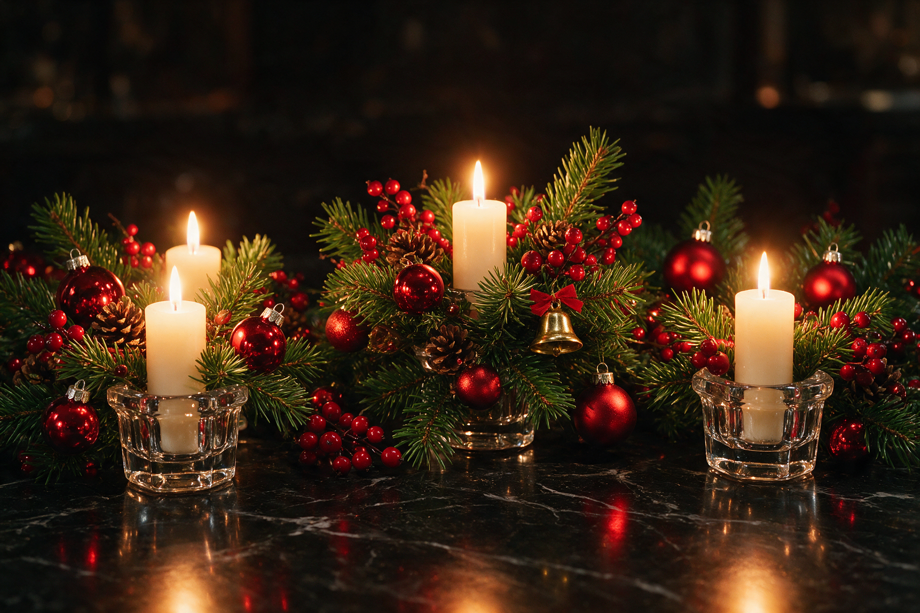 Burning candles with red Christmas ornaments and pine branches on dark marble
