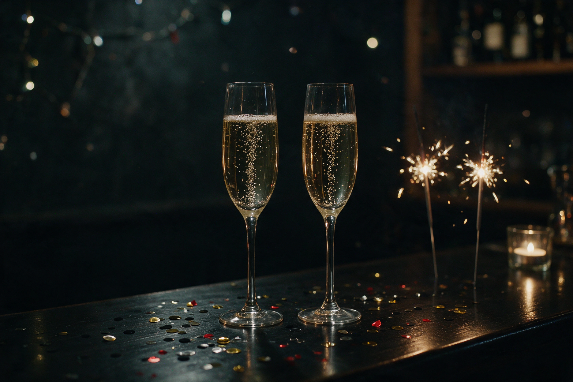 Twee champagneglazen met sterretjes en confetti op donkere achtergrond