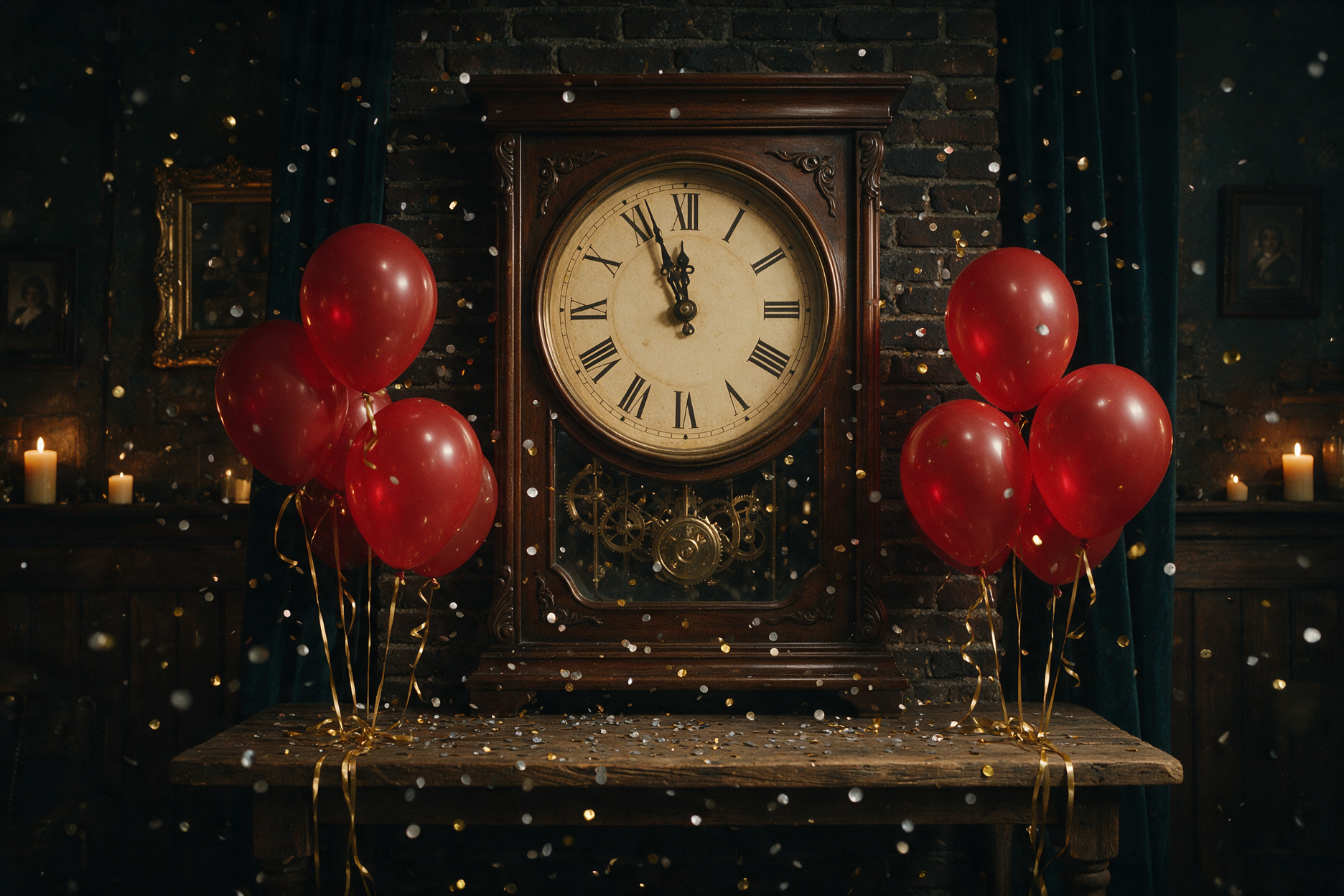 Klok die bijna middernacht aanwijst met rode ballonnen en confetti